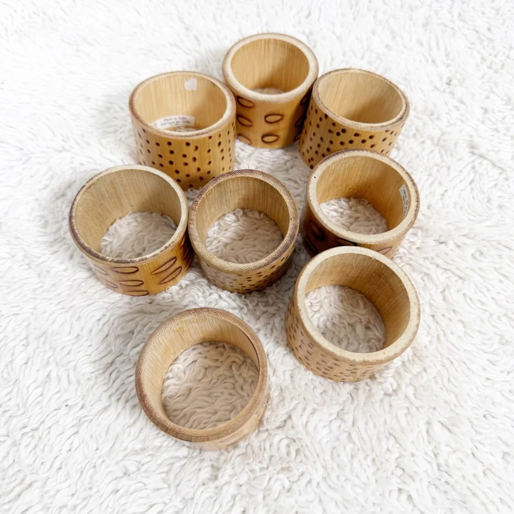 Rustic Tortoise Bamboo Style Napkin Rings - Dotted Natural Wood Tropical Table